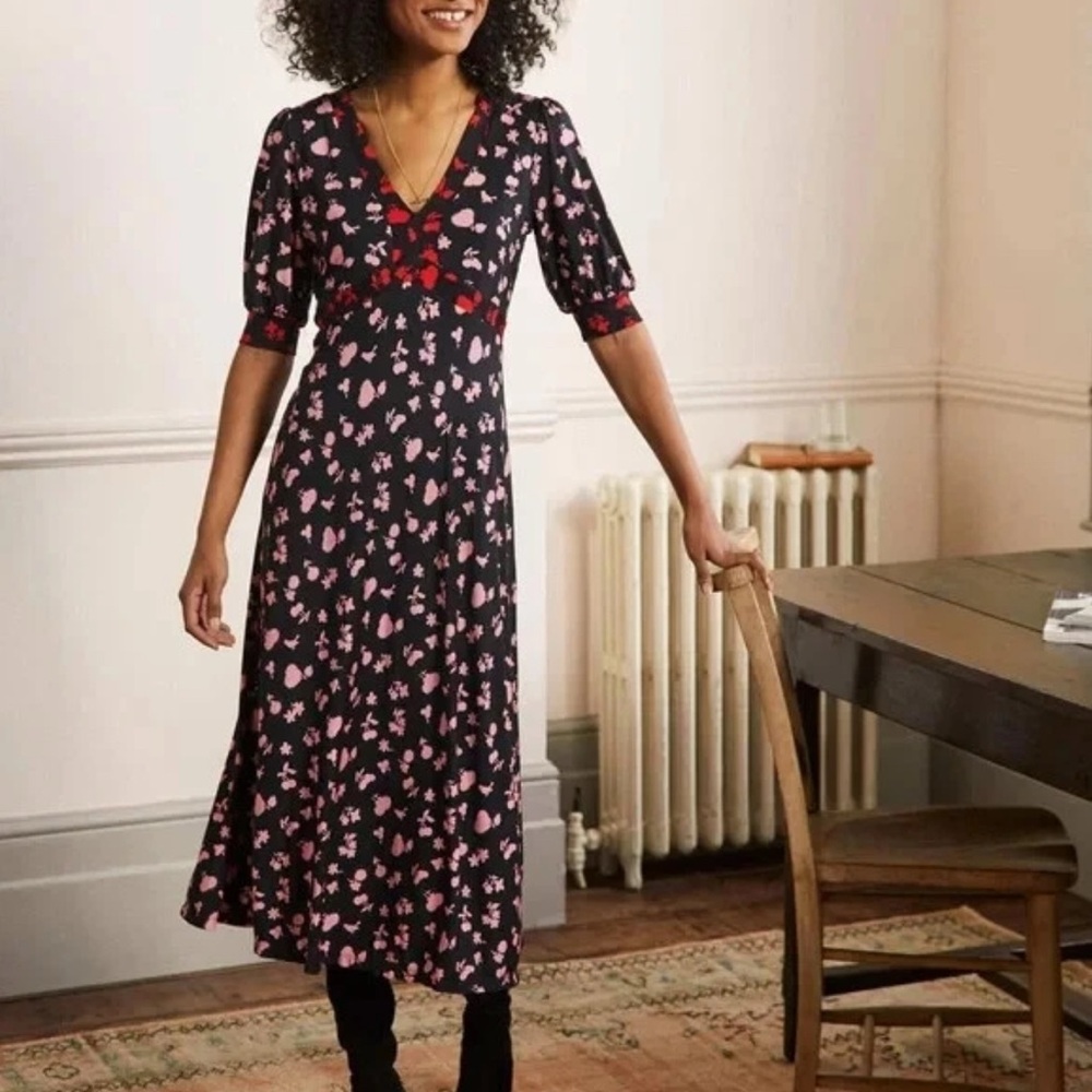 Boden Eva Jersey Midi Dress Black&Formica Woodland Bud Size 10R NWT